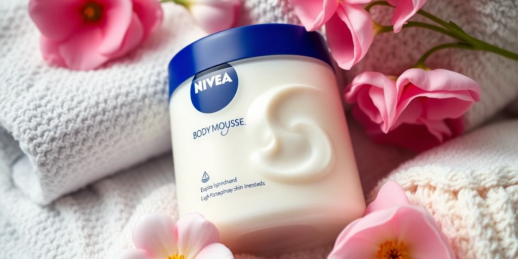 Nivea Body Mousse with creamy texture and flowers.