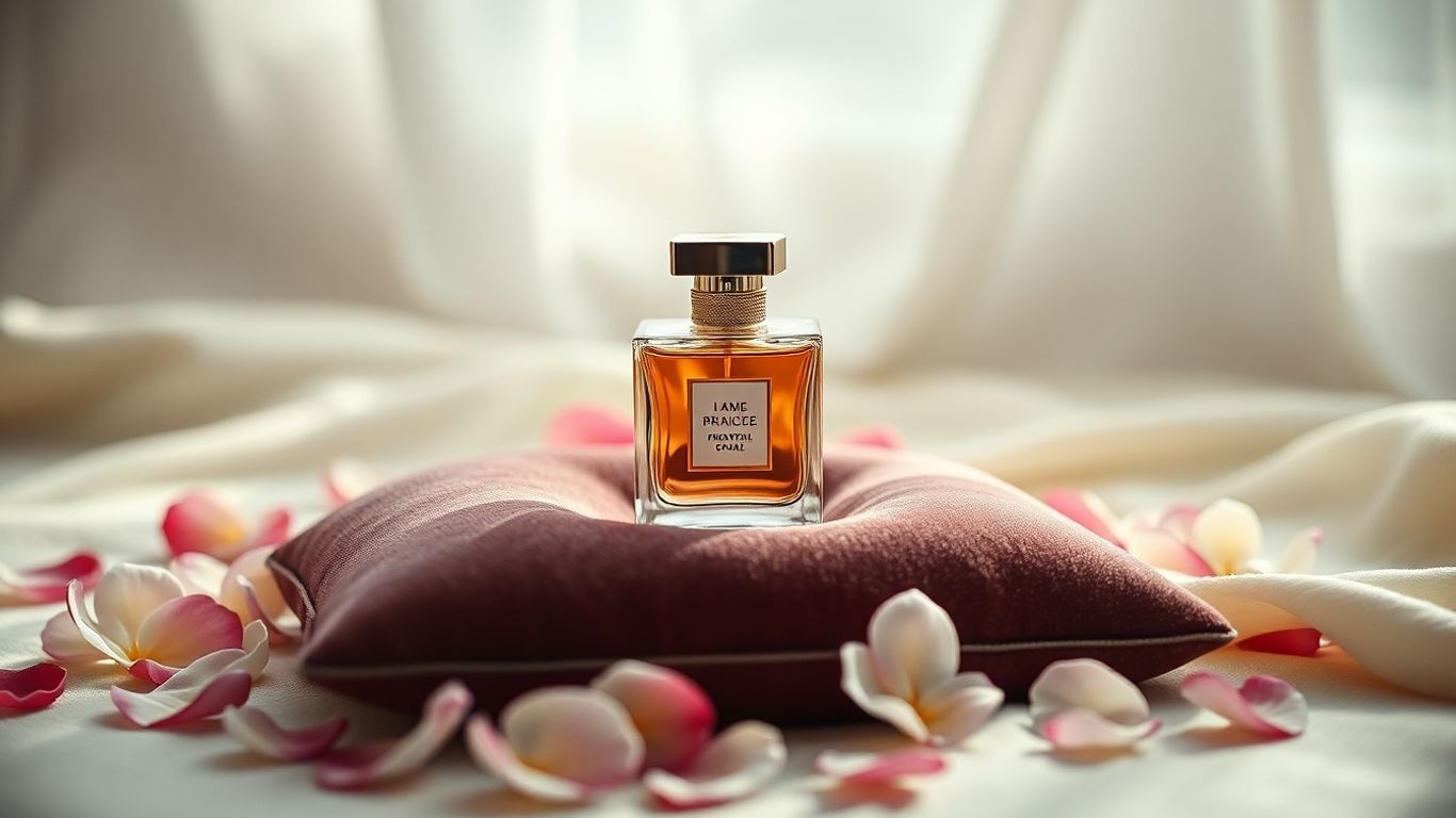 Elegant perfume bottle with flower petals on velvet.