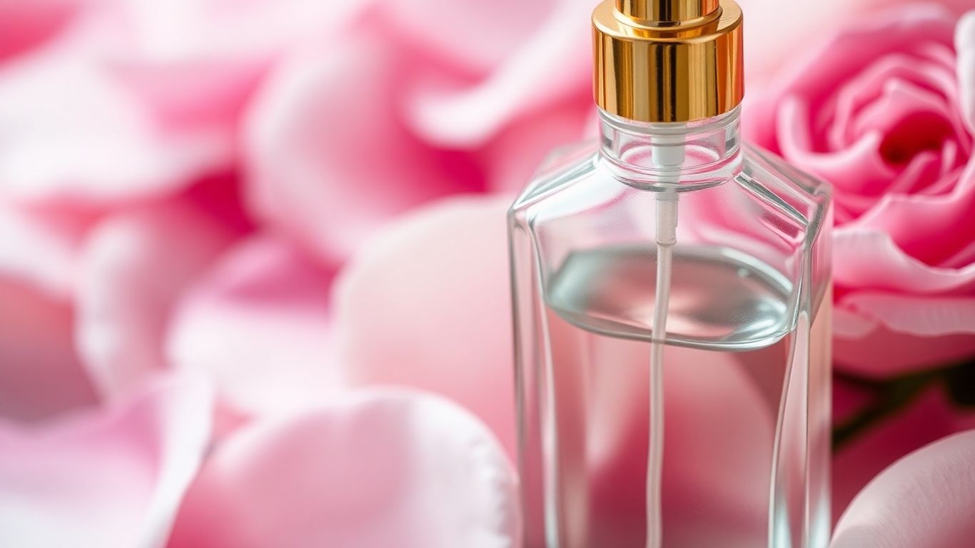 Elegant glass perfume bottle with golden atomizer amidst rose petals.