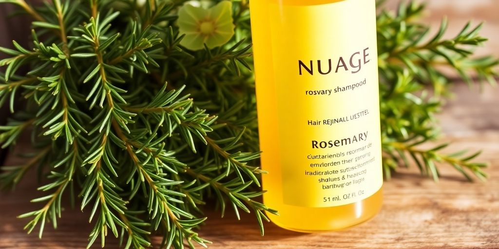 Rosemary shampoo bottle with fresh rosemary sprigs.