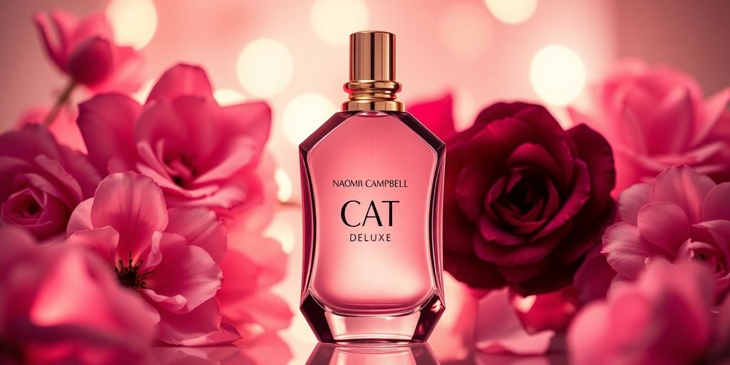 Luxurious Naomi Campbell Cat Deluxe fragrance bottle with flowers.