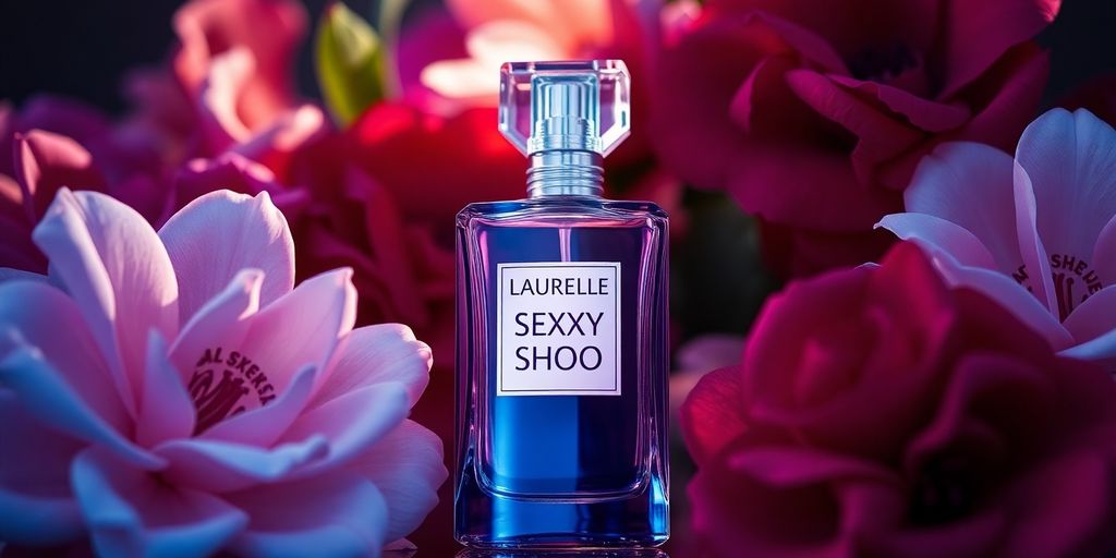 Laurelle Sexxy Shoo Perfume bottle with floral backdrop.