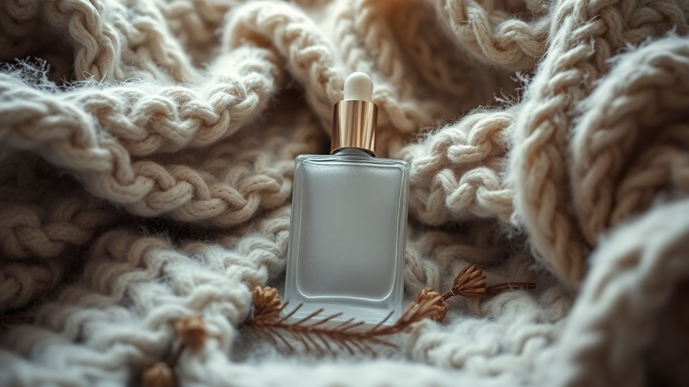 Frosted perfume bottle with wool blankets and pine needles.