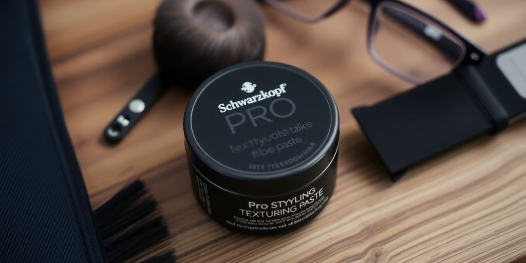 Schwarzkopf fibre paste with stylish hair accessories on wood.