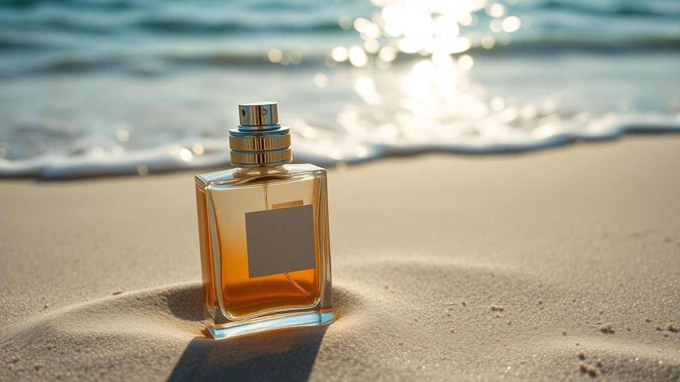 Perfume bottle on a beach with ocean waves.