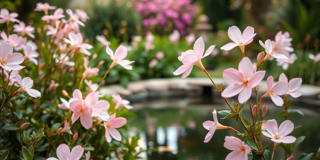 Soft pink flowers and tranquil water in a serene landscape.
