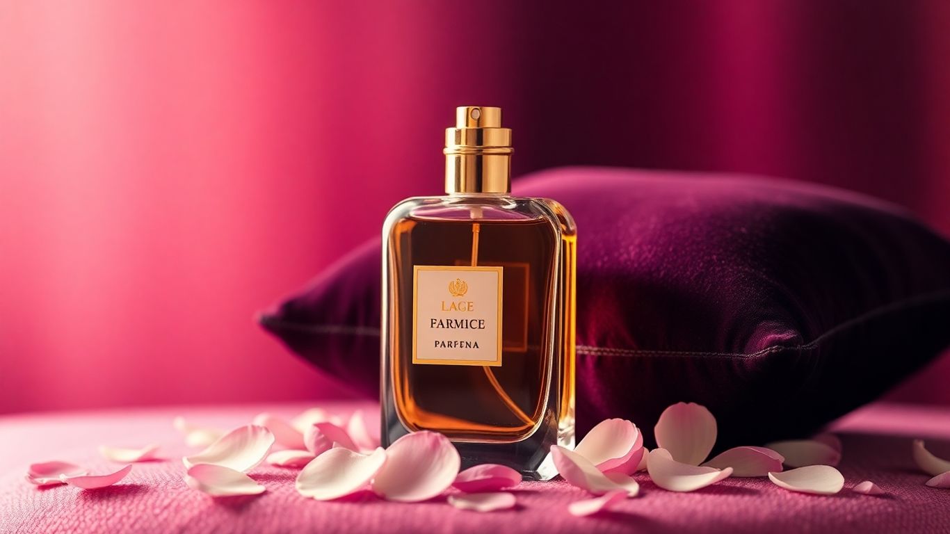 Luxurious perfume bottle with golden cap and scattered petals.