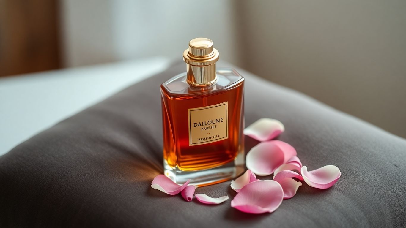 Elegant perfume bottle with scattered flower petals.