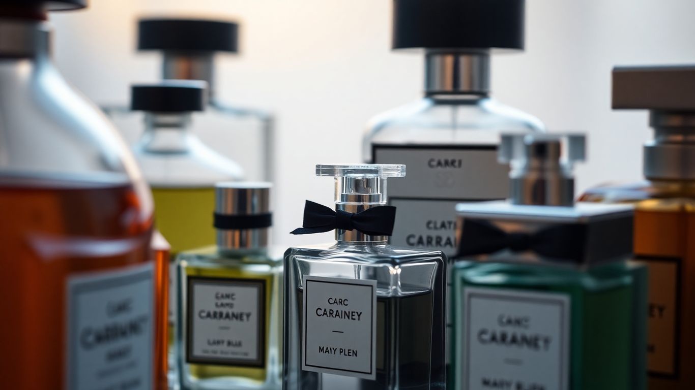 Perfume bottles arranged artfully with soft lighting.