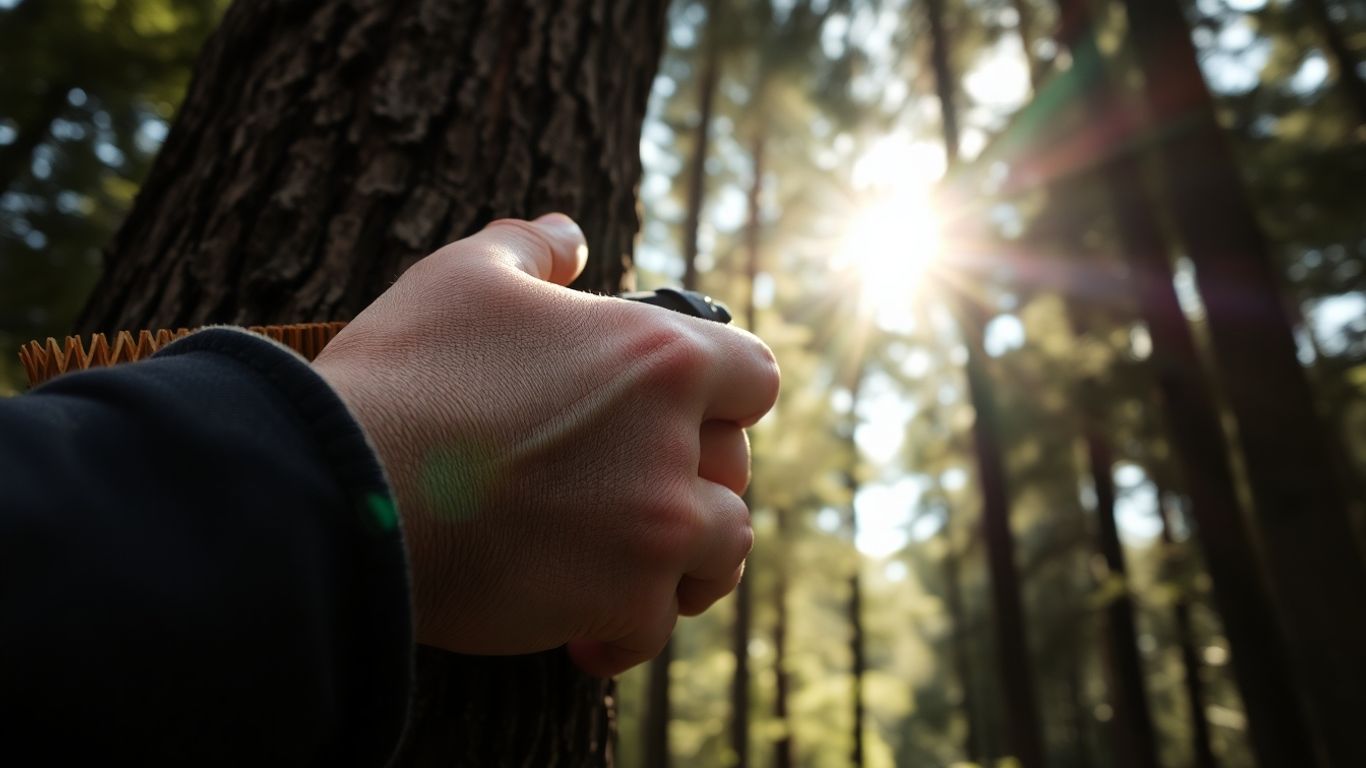 Man holding bark in sunlit forest