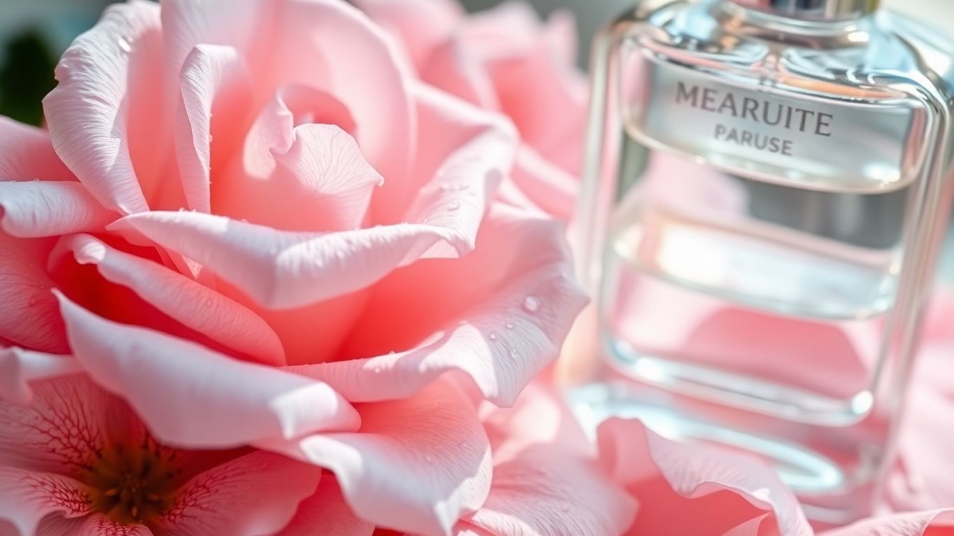 Delicate rose petals and a perfume bottle bathed in soft light.