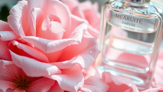 Delicate rose petals and a perfume bottle bathed in soft light.