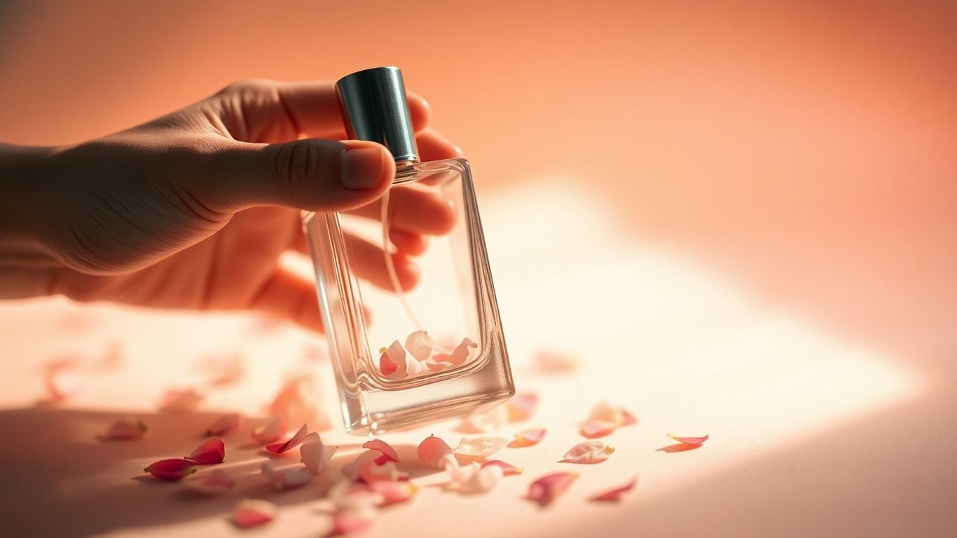 Perfume bottle with petals, soft light, pastel background.