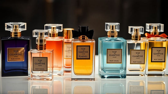 Elegant perfume bottles, celebrity fragrances, luxurious scents.
