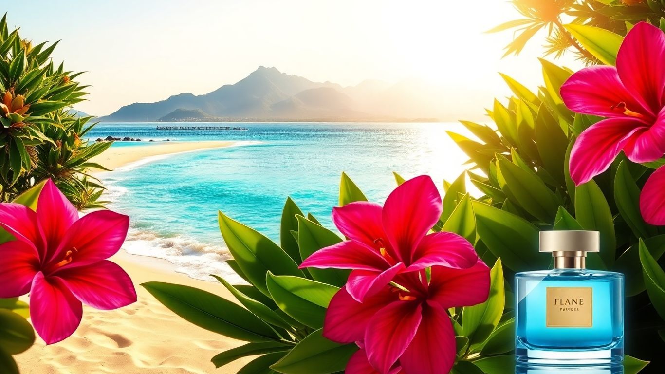 Exotic flowers, beach, and mountains with sunlight on the ocean.