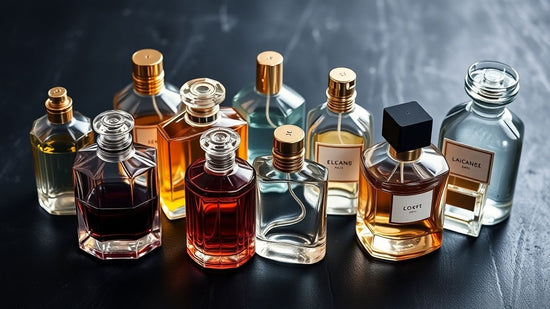 Elegant glass perfume bottles arranged on a dark surface.