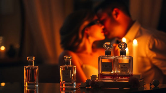 Couple enjoying a romantic evening with perfume bottles.