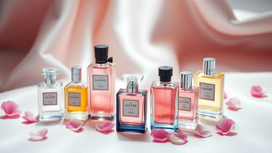 Elegant perfume bottles with floral accents.