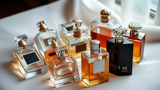 Elegant perfume bottles arranged on a soft surface.