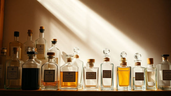Perfume bottles arranged neatly on a wooden shelf.