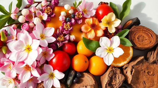 Flowers, fruits, and woods arranged artfully.