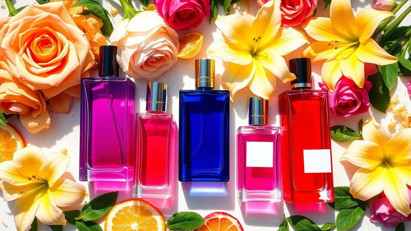 Perfume bottles with summer flowers and citrus slices.