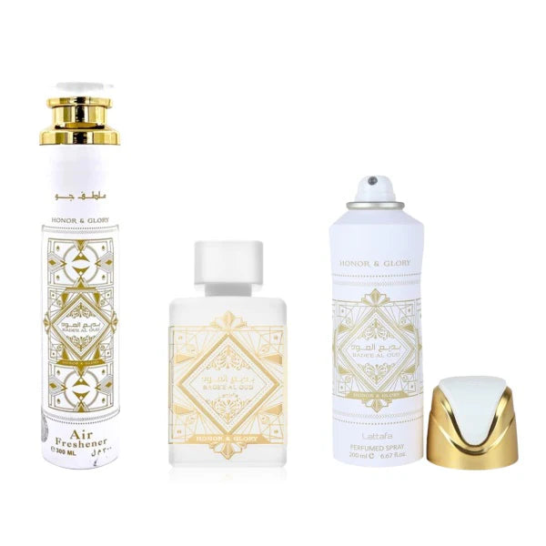 Lattafa Bade'e Al Oud Honor & Glory 100ml EDP Spray + 200ml Perfume Spray + 300ml Air Freshener Gift Set