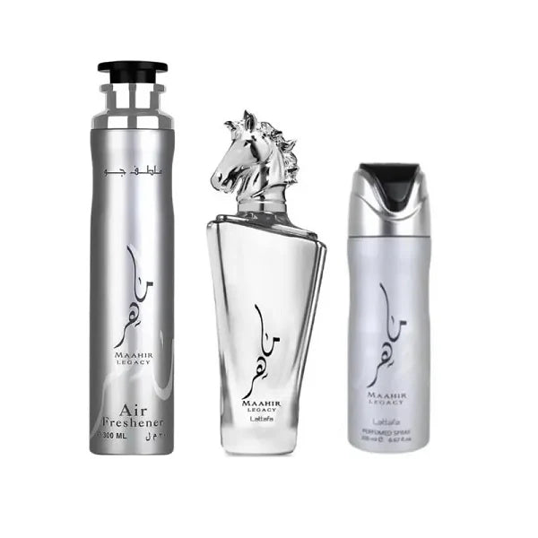 Lattafa Maahir Legacy 100ml EDP Spray + 200ml Perfume Spray + 300ml Air Freshener Gift Set