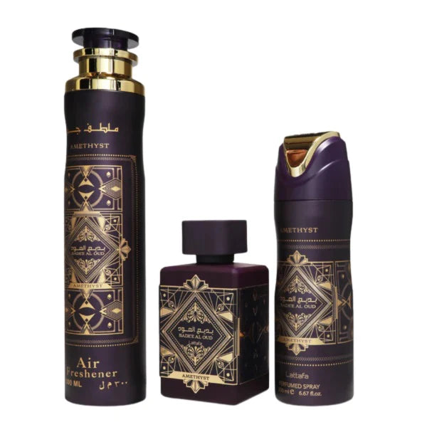 Lattafa Bade'e Al Oud Amethyst 100ml EDP Spray + 200ml Perfume Spray + 300ml Air Freshener Gift Set