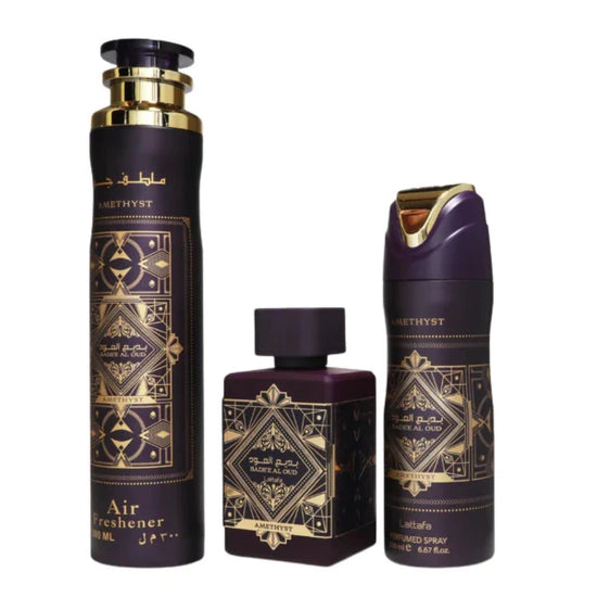 Lattafa Bade'e Al Oud Amethyst 100ml EDP Spray + 200ml Perfume Spray + 300ml Air Freshener Gift Set
