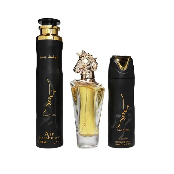 Lattafa Maahir 100ml EDP Spray + 200ml Perfume Spray + 300ml Air Freshener Gift Set