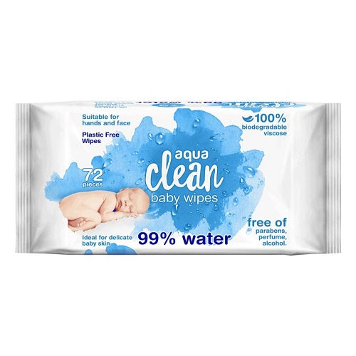 Aqua Clean Baby Wipes 99% Water (72 Wipes Per Pack) Biodegradable