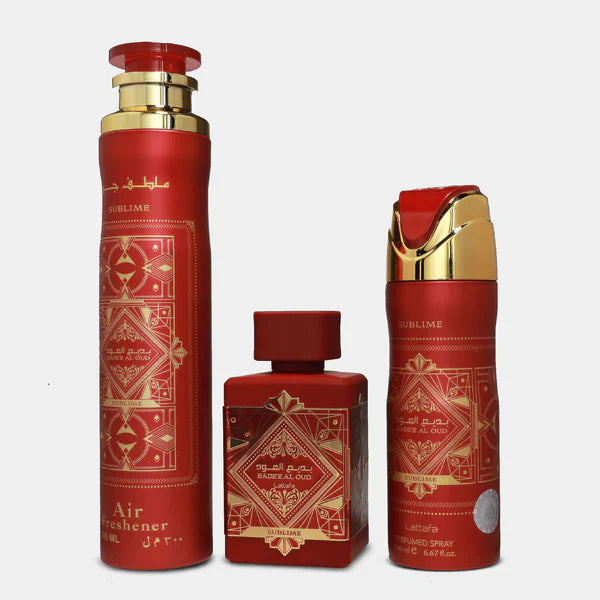 Lattafa Bade'e Al Oud Sublime 100ml EDP Spray + 200ml Perfume Spray + 300ml Air Freshener Gift Set