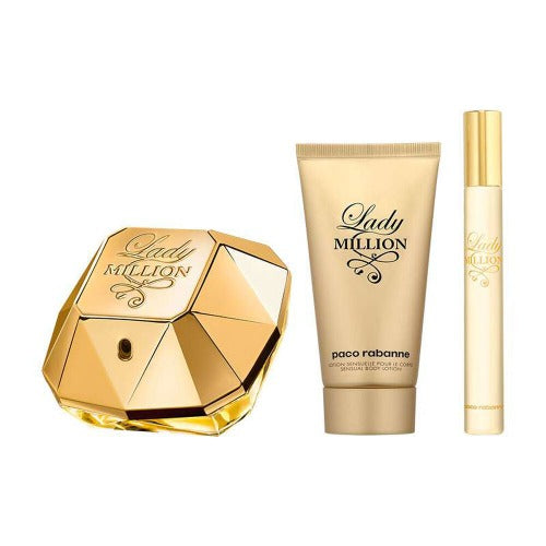 Paco Rabanne Lady Million 50ml Eau De Parfum + 10ml Eau De Parfum Spray + 75ml Body Lotion Gift Set